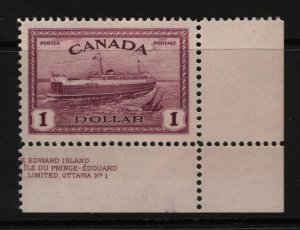 Canada #273 Very Fine Never Hinged Lower Right Plate Single