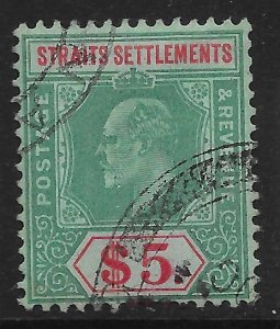 MALAYA STRAITS SETTLEMENTS SG167 1909 $5 GREEN & RED ON GREEN PAPER USED