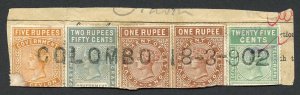 Ceylon Telegraph FOUR COLOUR FRANKING on piece