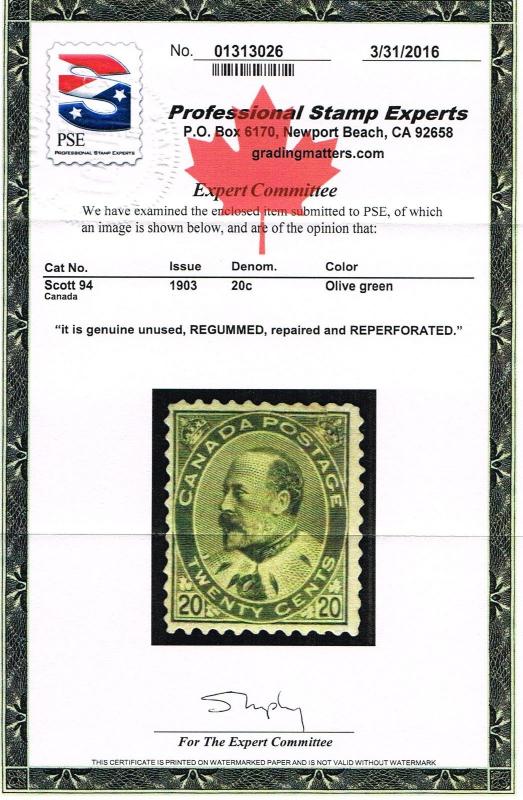 CANADA KING SCOTT #94 MINT PSE CERT SCV $700 - ESTATE CLOSE-OUT PRICED TO SELL