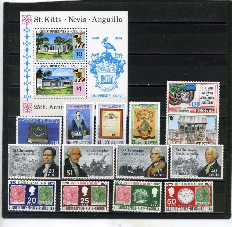 ST.CHRISTOPHER/NEVIS/ANGUILLA 1970-1986 SMALL COLLECTION 14 STAMPS & S/S MNH