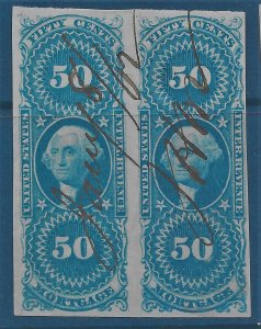 US 1862-71 Sc. #R59a pair, pre-printing paper fold in left stamp