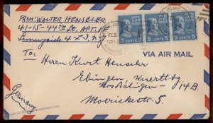 USA 3x 5c Prexie James Monroe Long Island NY Ebingen Germany Airmail Cover 80117