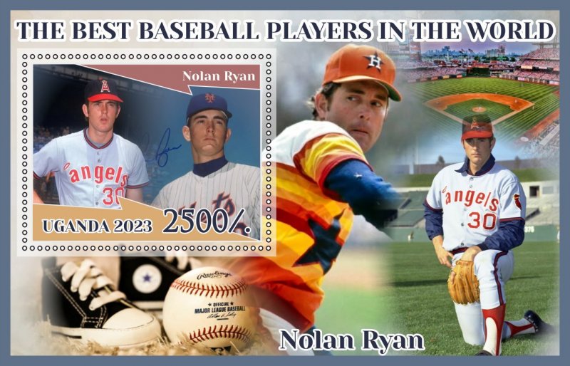 Stamps.Sports.Baseball Nolan Ryan 2023 year 1+1 sheets perforated Uganda NEW