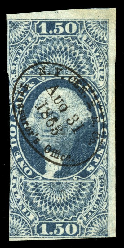 B524 U.S. Revenue Scott R78a $1.50 imperforate, 1863 railroad handstamp cancel