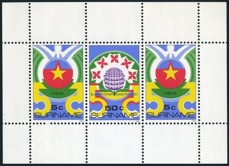 Surinam 703-707, 705a,MNH. Mi 1120-1124,Bl.40. Independence,1985.Star,dove,plant