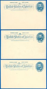 US 1891 Issued Postal Cards #UX11 LOT/3, Mint, Mout Residue on Backs, SCV $67.50