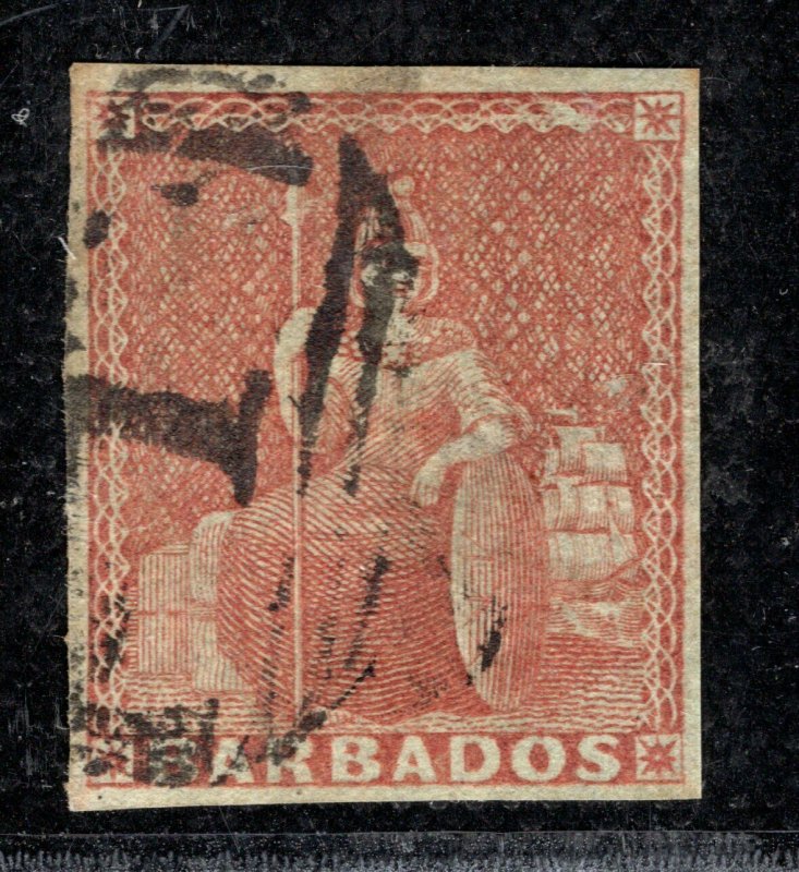 BARBADOS QV Stamp SG.5 (4d) Brownish Red 1855 BRITANNIA Used Cat £275- YELLOW164