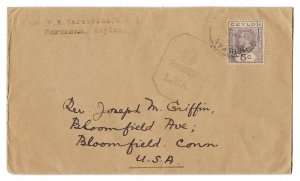 Murunkan, Ceylon to Bloomfield, Connecticut, U.S.A. Cover Censor Mark, KGV issue