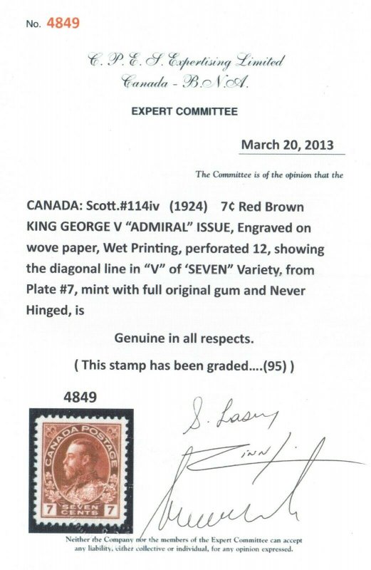 Canada #114iv Extra Fine Never Hinged **With Graded 95 Certificate**