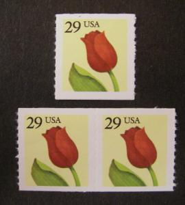 Scott 2525, 29c Tulip, Single & Pair, roulette, MNH Coil Beauties