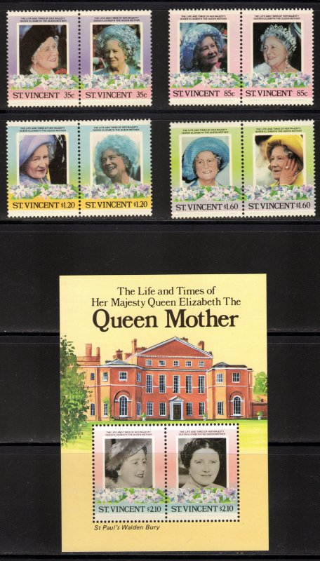 St.Vincent 1985 Sc#861/865 QUEEN MOTHER 85th.BIRTHDAY/FLOWERS 4 pairs +1 S/S MNH