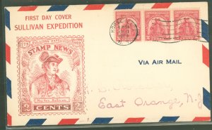 US 657 1929 2c Sullivan Expedition (strip of three) on an addressed (hand stamp) first day cover sent airmail with a Roessler ca