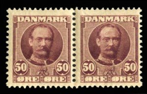 Denmark #77 Cat$65+, 1907 50o claret, horizontal pair, very lightly hinged