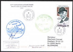 {A159} TAAF 2013 Ships L'Astrolabe Signature Antarctic Cover