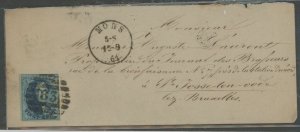 Belgium 4 Scott 4 20c on cover with a datestamp Mons 12 9 1864, and ? 12 9 on the reverse. Both in black