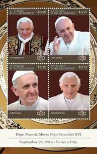 St. Vincent 2015 - Pope Francis Meets Benedict XVI - Sheet of 4 Stamps - MNH