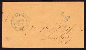 Stampless Envelope, Blue WEST MERIDEN, Ct. PAID3 DPO 1846-1880, R3 sm flts