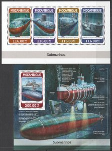 HM1303 2018 MOZAMBIQUE SUBMARINES SHIPS TRANSPORT #9609-2+BL1362 MNH