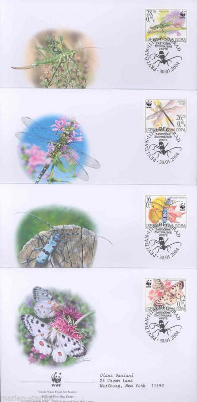 WORLD WILDLIFE FUND 2004 SERBIA INSECTS SET OF FOUR FIRST DAY COVERS 