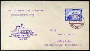 Germany, Zeppelin Flights #Si. 112Ab, 1931 Schwaben Flight cover