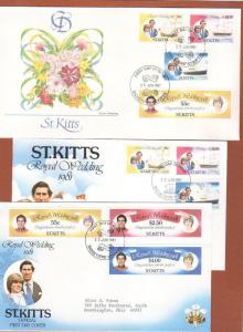 1981 St. Kitts, 3 diff Princess Diana wedding FDCs