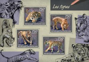 CENTRAFRICAINE 2014 SHEET TIGERS FELINES WILD CATS WILDLIFE