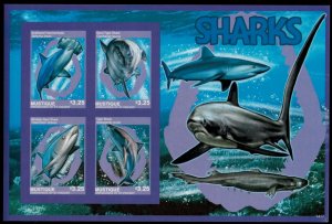 Mustique 2014 - Sharks - Sheet of 4 IMPERF Stamps - MNH