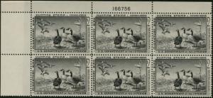 #RW25 TOP PLATE BLOCK OF 6 VF-XF OG NH CV $600.00 BP6159