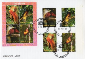 Somalia 2004 Birds of Paradise Set (4) + Sheetlet Perforated FDC