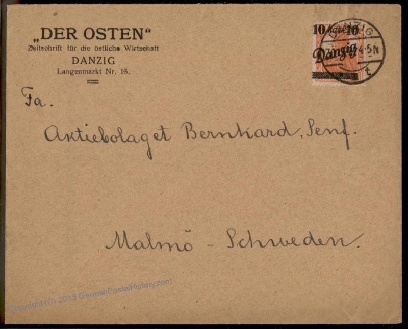 Danzig Germany 1920 10M Germania Points Up Mi 31 I EF Cover To Sweden 56375