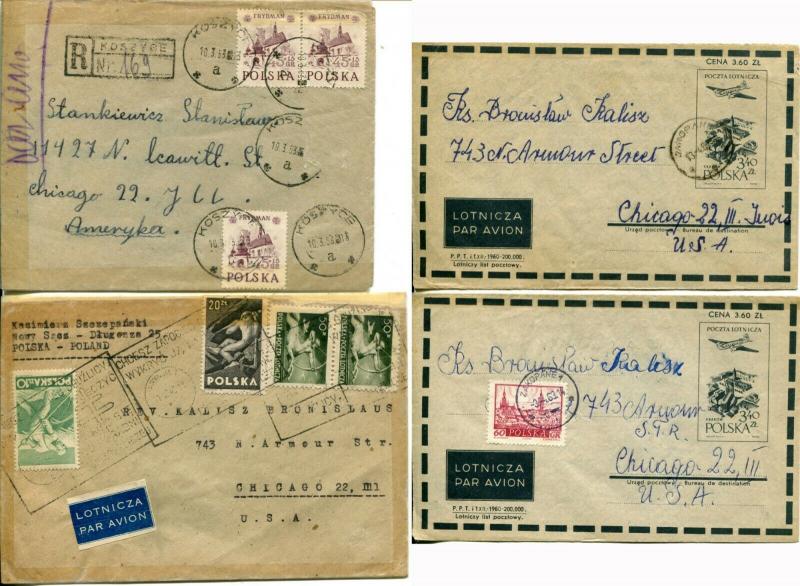 4 Poland to USA Registered Airmail Postage Cover Stamp Collection