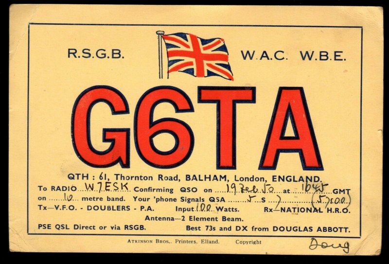 QSL QSO RADIO CARD Flag of England,G6TA,Douglas Abbott,1950, (Q3060)