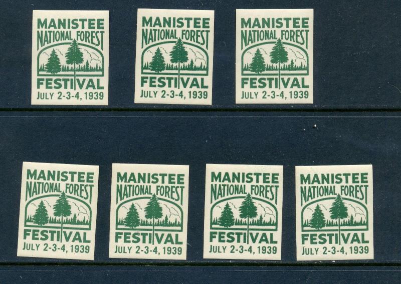 7 VINTAGE 1939 MANISTEE NATIONAL FOREST FESTIVAL POSTER STAMPS (L534) HURON MICH