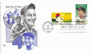 1989 FDC, #2417, 25c Lou Gehrig, Marg - combo