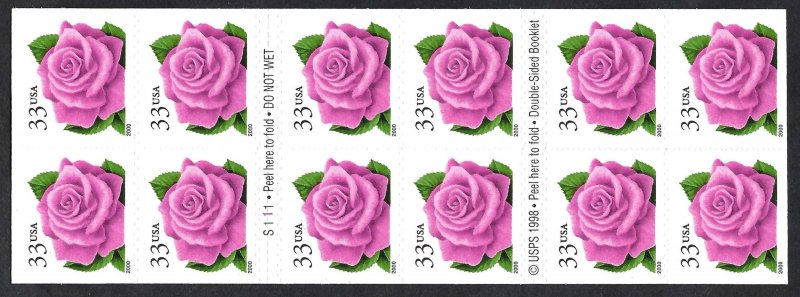 United States #3052Ef 33¢ Pink Rose (2000). Double-sided bklt of 20. MNH