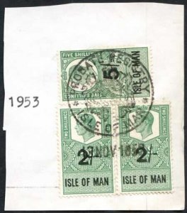 Isle of Man KGVI 2 x 2/- and 5/- Key Plate Type Revenues CDS on Piece