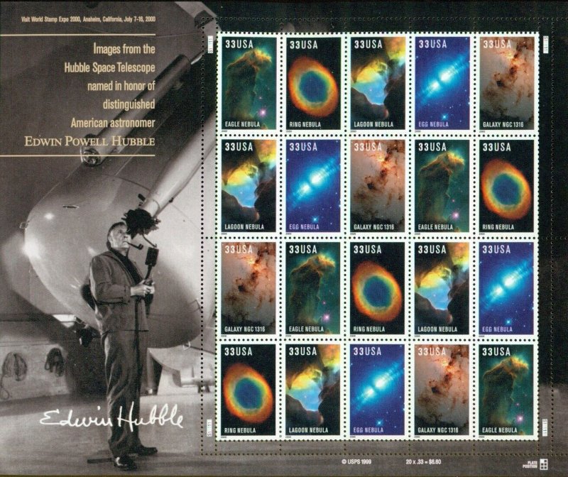 US: 2000 HUBBLE SPACE TELESCOPE; Complete Sheet Sc 3384-88; 33 Cents Values 