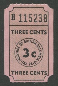 Canada Revenue British Columbia 3¢ Social Security and Municipal Aid Tax Ticket