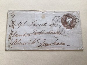 Queen Victoria 1d pink envelope  1865 Durham CDs A13832
