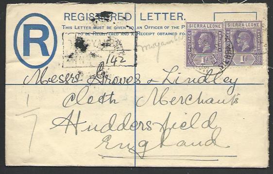 SIERRA LEONE 1932 GV 3d small registered envelope used MOYAMBA to UK.......56807