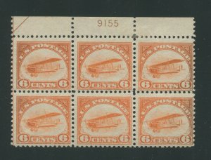 1918 United States Air Mail Postage Stamp #C1 Mint Plate No. 9155 Block of 6