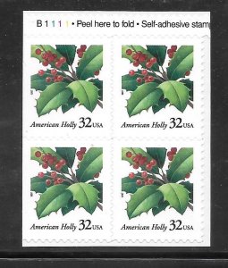 #3177 MNH American Holly Booklet Plate Block of 4 Stamps