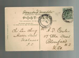 1903 Malacca Straits Settlement Singapore Postcard Cover to USA New Bridge Road
