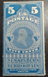 Scott Stamp PR5 - 1875 5¢ Newspaper & Periodicals. Blue. Unused. SCV $225.00