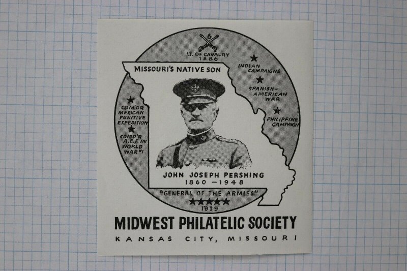 Midwest Philatelic Society KS MO 1948 John Pershing war hero Souvenir Label ad