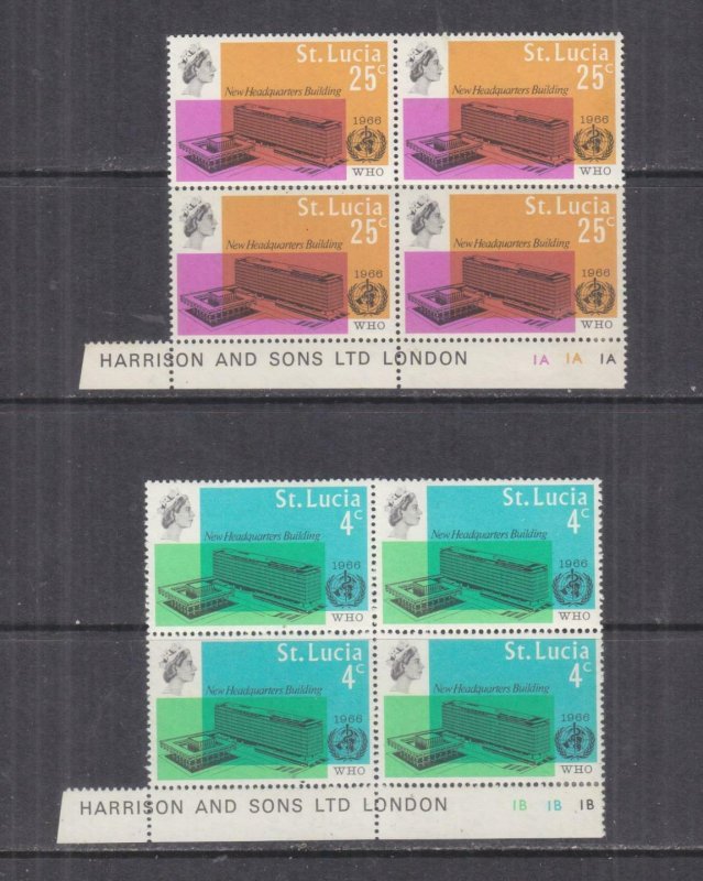 St. LUCIA, 1966 WHO Headquarters Building pair, Plate # blocks of 4, mnh./hhm.