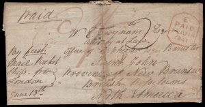 NB - 1841 Whitchurch, GB to Saint John, NB, paid 1s, 2d collect, via London. 