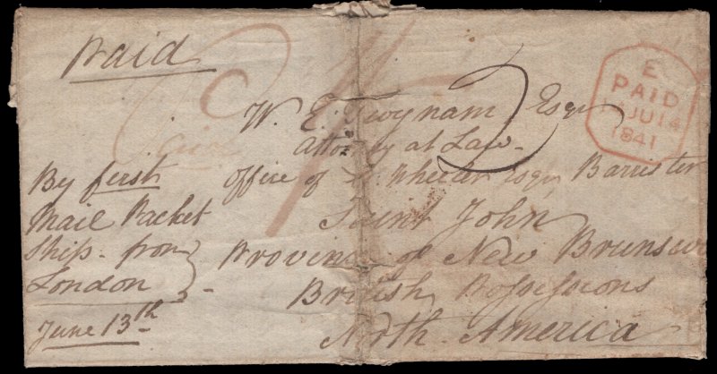 NB - 1841 Whitchurch, GB to Saint John, NB, paid 1s, 2d collect, via London. 