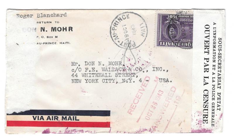 Haiti Double Censored Cover 1943 to US Receiving Mark Backstamps Mohr FE Wallace